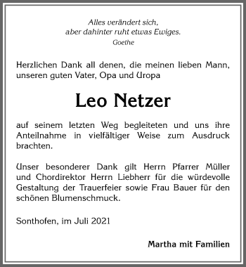 Traueranzeige von Leo Netzer von Allgäuer Anzeigeblatt