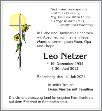 Traueranzeige von Leo Netzer von Allgäuer Anzeigeblatt