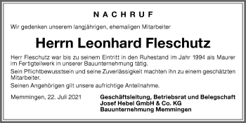 Traueranzeige von Leonhard Fleschutz von Memminger Zeitung