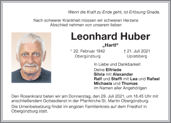 Traueranzeige von Leonhard Huber von Allgäuer Zeitung, Marktoberdorf