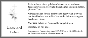 Traueranzeige von Leonhard Leber von Allgäuer Zeitung, Füssen
