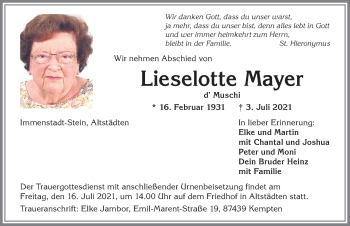 Traueranzeige von Lieselotte Mayer von Allgäuer Zeitung,Kempten