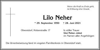 Traueranzeige von Lilo Neher von Allgäuer Anzeigeblatt