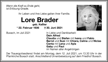 Traueranzeige von Lore Brader von Memminger Zeitung