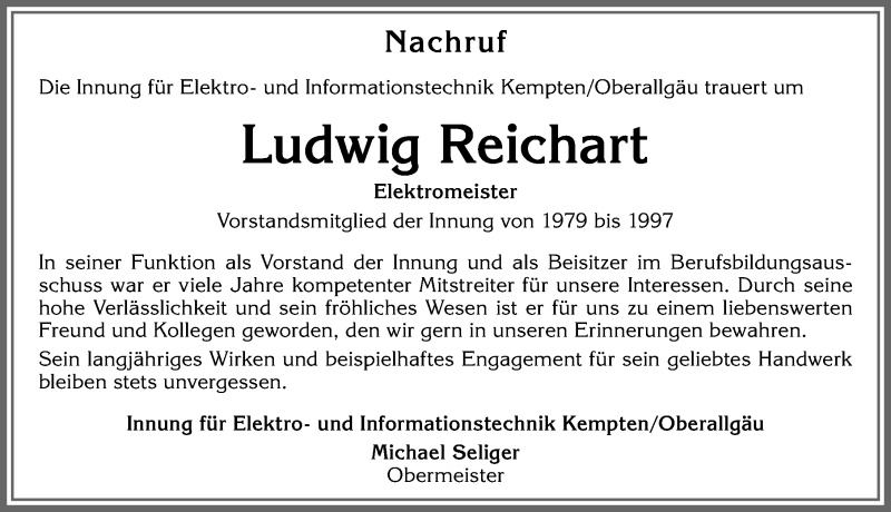  Traueranzeige für Ludwig Reichart vom 31.07.2021 aus Allgäuer Zeitung,Kempten