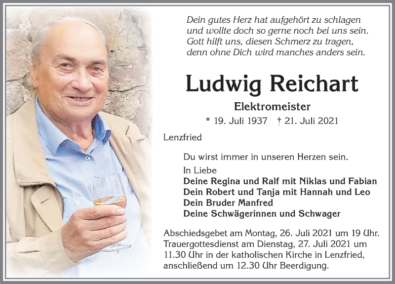  Traueranzeige für Ludwig Reichart vom 24.07.2021 aus Allgäuer Zeitung,Kempten