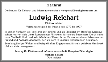 Traueranzeige von Ludwig Reichart von Allgäuer Zeitung,Kempten