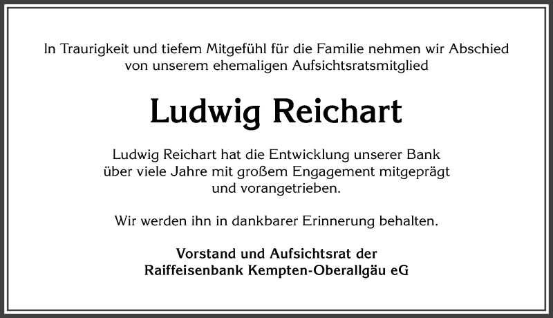  Traueranzeige für Ludwig Reichart vom 27.07.2021 aus Allgäuer Zeitung,Kempten