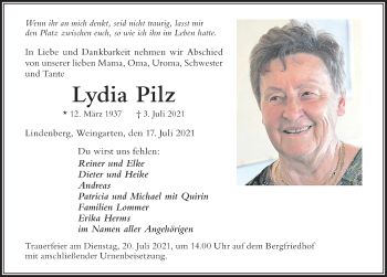 Traueranzeige von Lydia Pilz von Der Westallgäuer