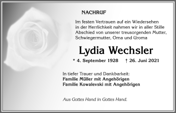 Traueranzeige von Lydia Wechsler von Allgäuer Zeitung,Kempten