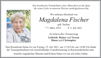 Traueranzeige von Magdalena Fischer von Allgäuer Zeitung, Füssen