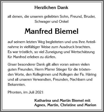 Traueranzeige von Manfred Biemel von Allgäuer Zeitung, Füssen