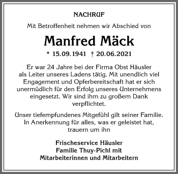 Traueranzeige von Manfred Mäck von Allgäuer Anzeigeblatt