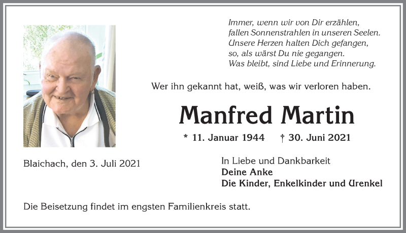  Traueranzeige für Manfred Martin vom 03.07.2021 aus Allgäuer Anzeigeblatt