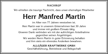 Traueranzeige von Manfred Martin von Allgäuer Anzeigeblatt