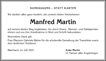 Traueranzeige von Manfred Martin von Allgäuer Anzeigeblatt