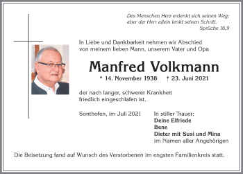 Traueranzeige von Manfred Volkmann von Allgäuer Anzeigeblatt