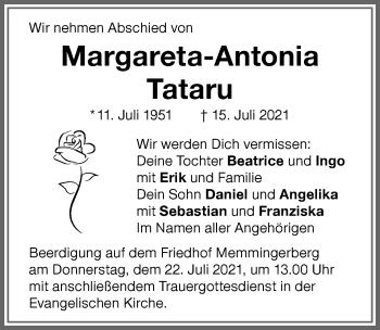Traueranzeige von Margareta-Antonia Tataru von Memminger Zeitung