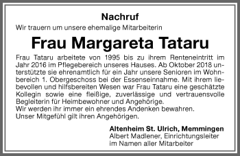 Traueranzeige von Margareta Tataru von Memminger Zeitung