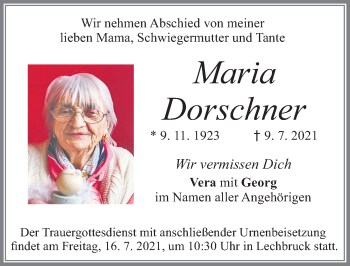Traueranzeige von Maria Dorschner von Allgäuer Zeitung, Füssen