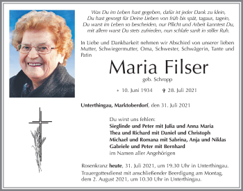 Traueranzeige von Maria Filser von Allgäuer Zeitung, Marktoberdorf