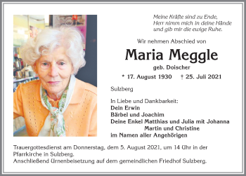 Traueranzeige von Maria Meggle von Allgäuer Zeitung,Kempten