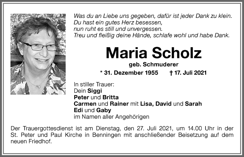  Traueranzeige für Maria Scholz vom 24.07.2021 aus Memminger Zeitung