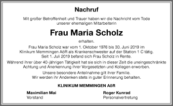 Traueranzeige von Maria Scholz von Memminger Zeitung