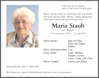 Traueranzeige von Maria Staub von Der Westallgäuer