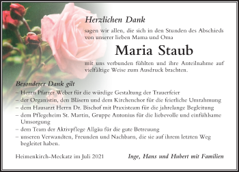 Traueranzeige von Maria Staub von Der Westallgäuer