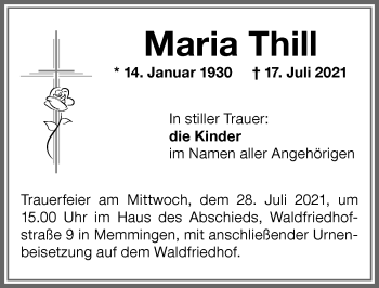 Traueranzeige von Maria Thill von Memminger Zeitung