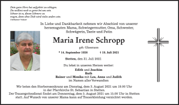 Traueranzeige von Maria Irene Schropp von Allgäuer Zeitung