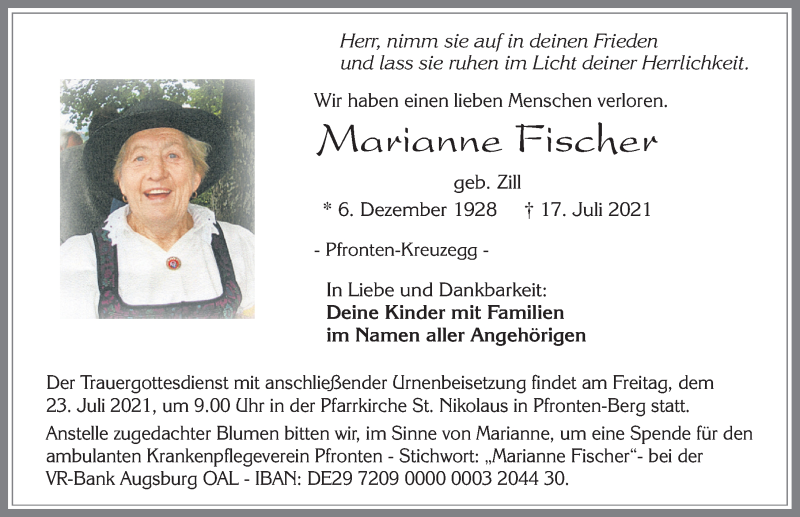  Traueranzeige für Marianne Fischer vom 21.07.2021 aus Allgäuer Zeitung, Füssen