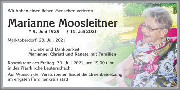 Traueranzeige von Marianne Moosleitner von Allgäuer Zeitung, Marktoberdorf