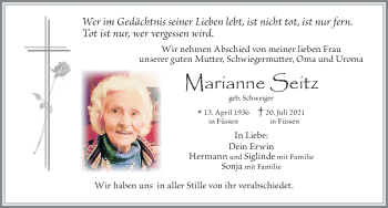 Traueranzeige von Marianne Seitz von Allgäuer Zeitung, Füssen