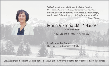 Traueranzeige von Maria Viktoria Hauser von Allgäuer Zeitung