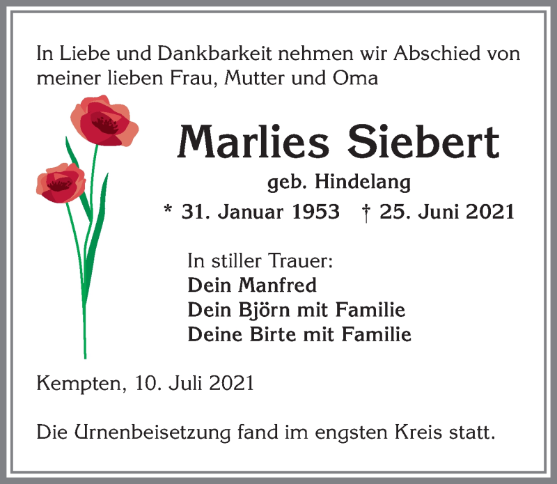  Traueranzeige für Marlies Siebert vom 10.07.2021 aus Allgäuer Zeitung