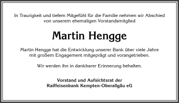 Traueranzeige von Martin Hengge von Allgäuer Zeitung,Kempten