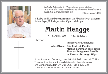 Traueranzeige von Martin Hengge von Allgäuer Zeitung