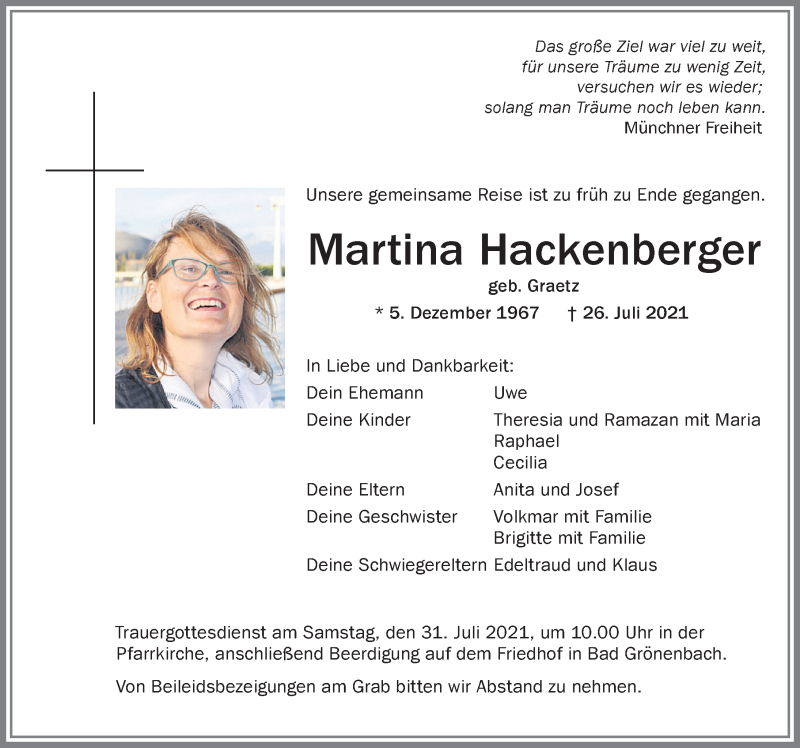  Traueranzeige für Martina Hackenberger vom 30.07.2021 aus Memminger Zeitung