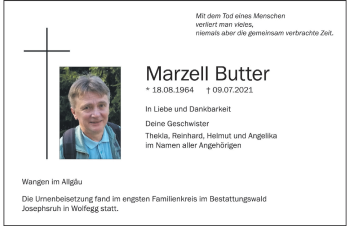 Traueranzeige von Marzell Butter von Der Westallgäuer
