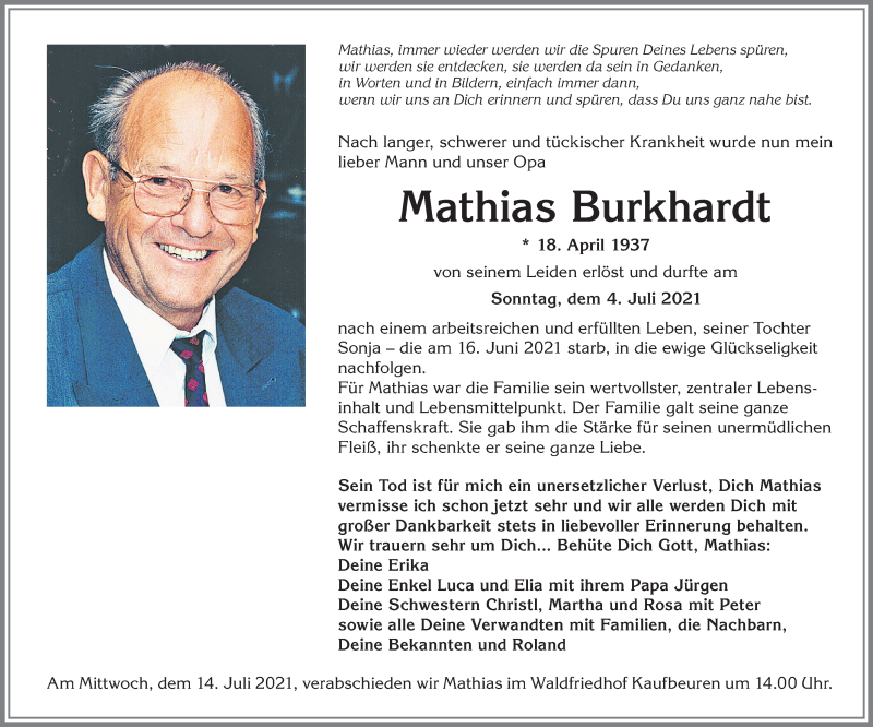  Traueranzeige für Mathias Burkhardt vom 10.07.2021 aus Allgäuer Zeitung, Kaufbeuren/Buchloe