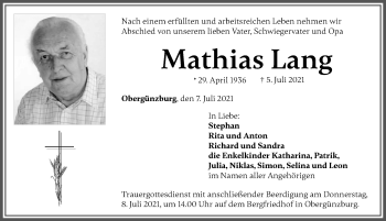 Traueranzeige von Mathias Lang von Allgäuer Zeitung, Marktoberdorf