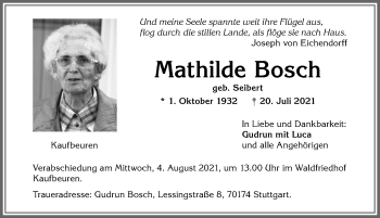 Traueranzeige von Mathilde Bosch von Allgäuer Zeitung, Kaufbeuren/Buchloe