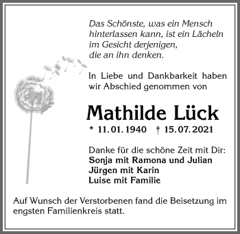 Traueranzeige von Mathilde Lück von Allgäuer Zeitung,Kempten