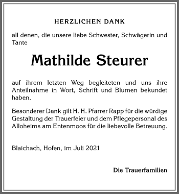 Traueranzeige von Mathilde Steurer von Allgäuer Anzeigeblatt