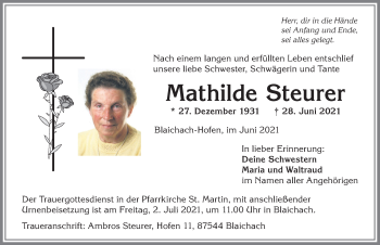 Traueranzeige von Mathilde Steurer von Allgäuer Anzeigeblatt