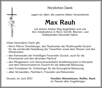 Traueranzeige von Max Rauh von Allgäuer Zeitung,Kempten