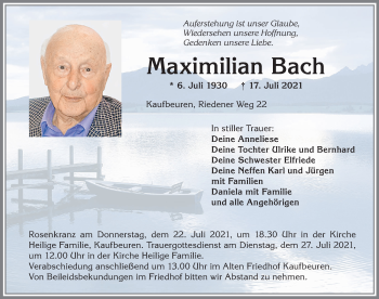 Traueranzeige von Maximilian Bach von Allgäuer Zeitung, Kaufbeuren/Buchloe
