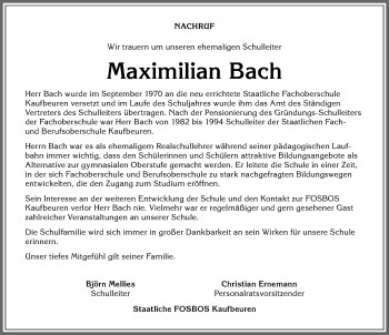 Traueranzeige von Maximilian Bach von Allgäuer Zeitung, Kaufbeuren/Buchloe